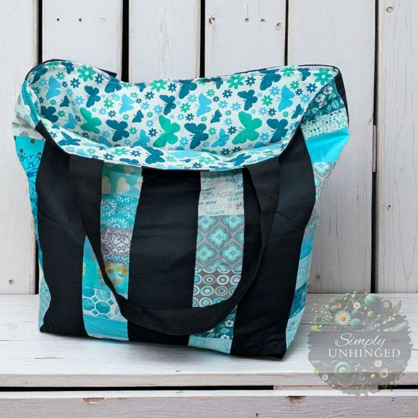 Turquoise Blue & Black XL Quilted Tote Bag