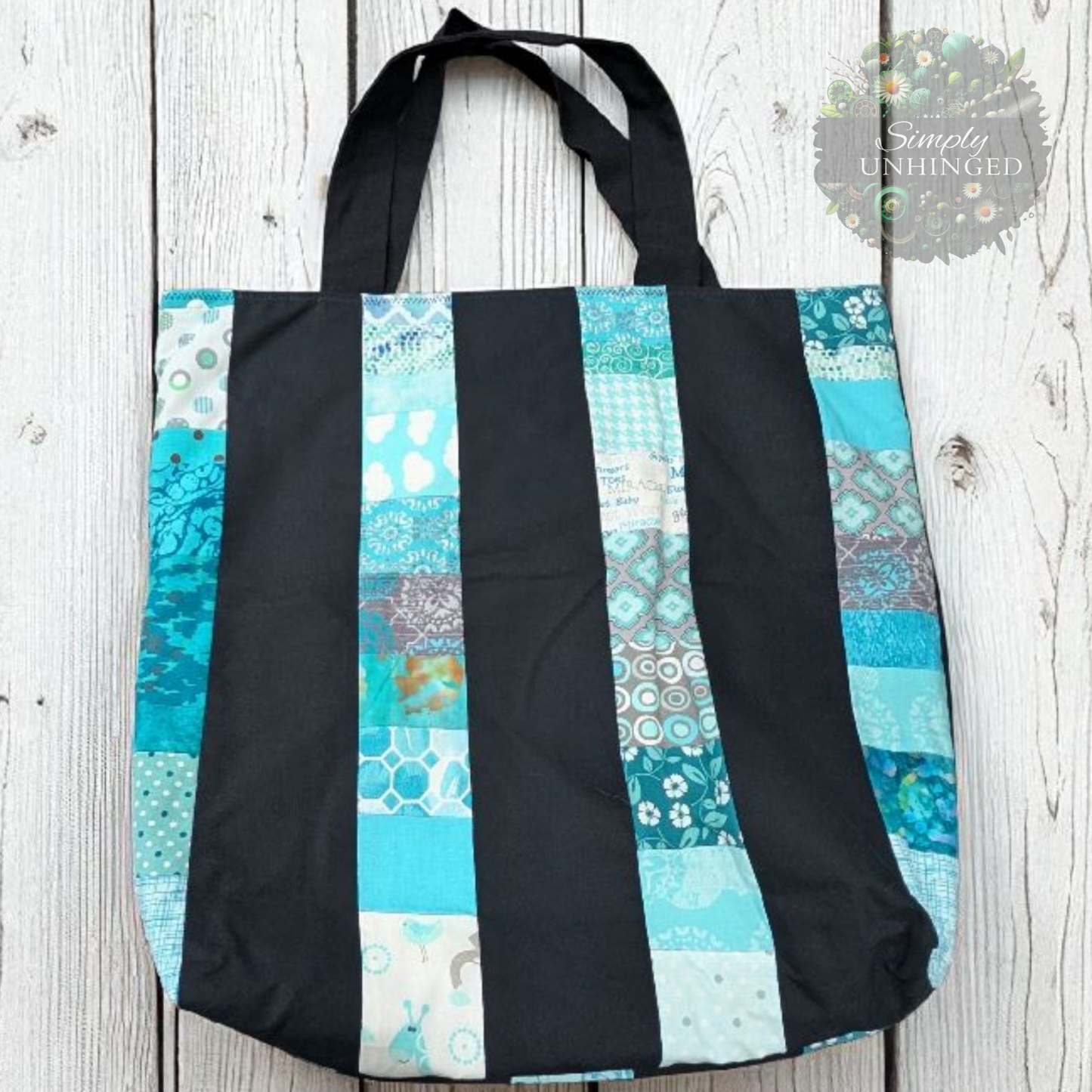 Turquoise Blue & Black XL Quilted Tote Bag