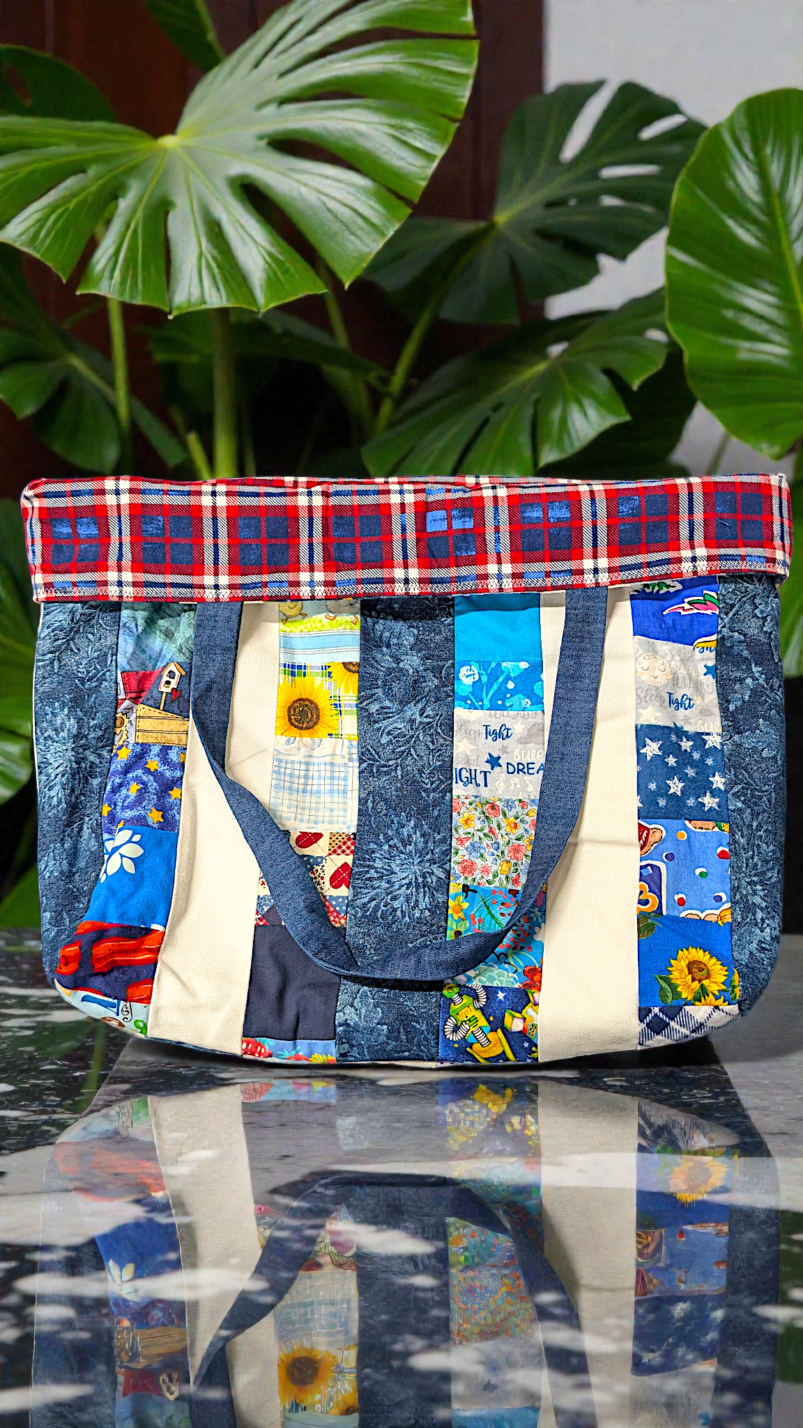 Navy Blue & White XL Quilted Tote Bag